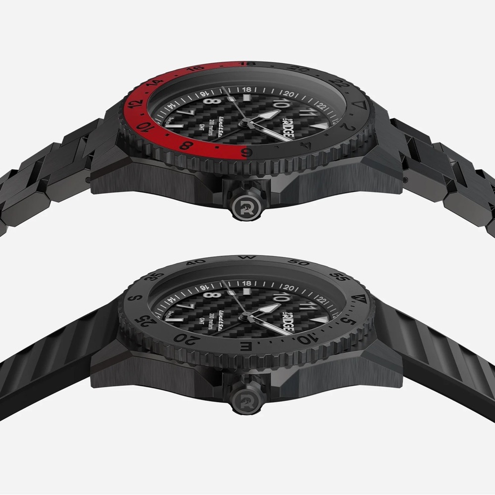 The Ridge Land & Sea GMT Watch 42mm | Carbon Fiber 3K | Black / Red — Sold Out